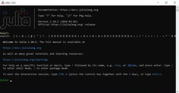 The interactive Julia shell on Windows 10 - Main help page