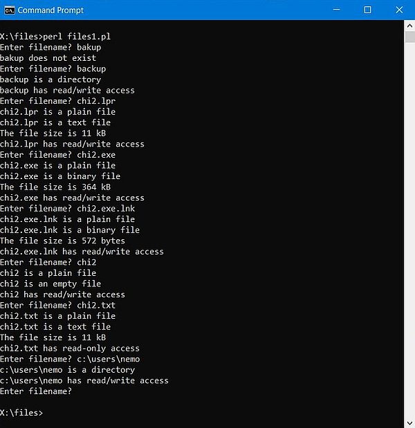 Perl script sample: File test operators - Script execution