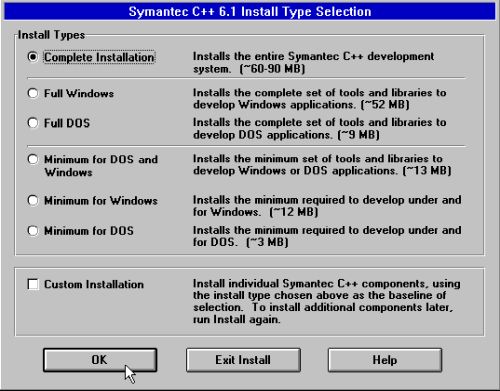 Using Symantec C++ Pro 6.1 on Windows 3.11: Installation type selection