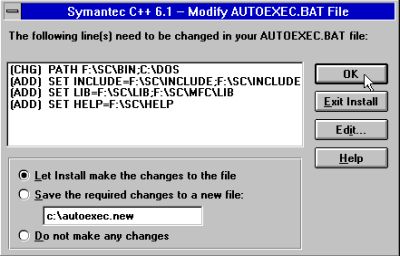 Using Symantec C++ Pro 6.1 on Windows 3.11: Let install make the changes to AUTOEXEC.BAT