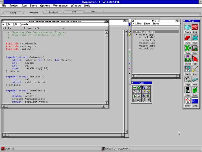 Using Symantec C++ Pro 6.1 on Windows 3.11: C++ project for Windows opened within the IDE