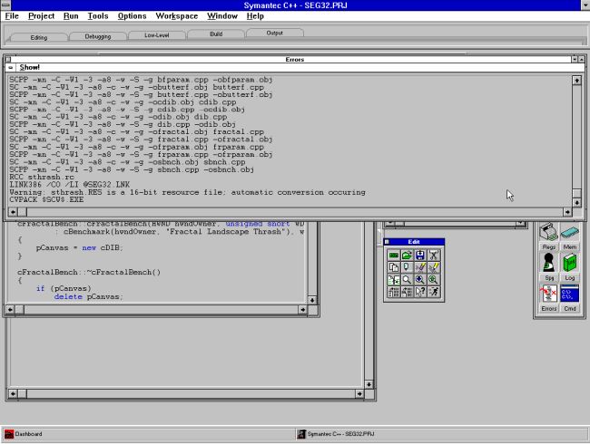 Using Symantec C++ Pro 6.1 on Windows 3.11: C++ project for Windows 32s opened within the IDE