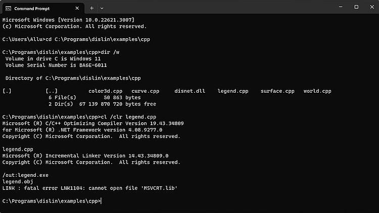 DISLIN on Windows: DISLIN for .NET - Failure to build the provided example legend.cpp