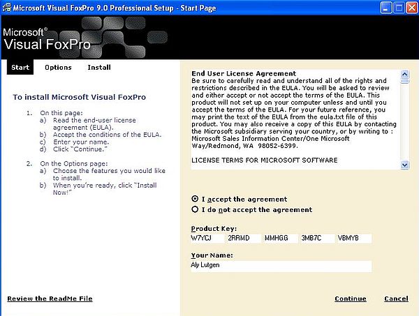 Visual FoxPro 9 on Windows XP: VFP 9 installation - License agreement and serial number