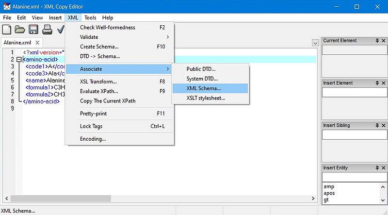 XML Copy Editor: Associating an XML schema with an XML document