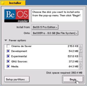 Installing BeOS 5 Professional Edition: Choosing to start the installation
