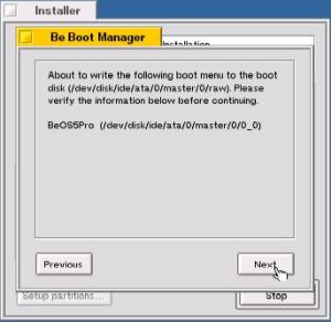 Installing BeOS 5 Professional Edition: Bootmanager installation - Including the BeOS partition in the boot menu