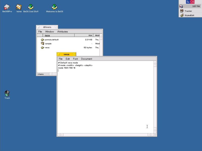 Installing BeOS 5 Professional Edition: Setting the default video mode in the file 'vesa' in the drivers directory