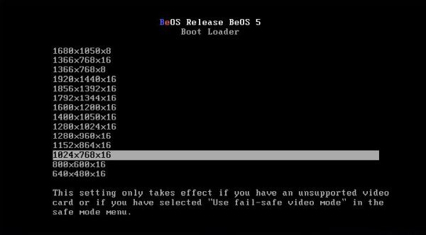 Installing BeOS 5 Professional Edition: Fail-safe video mode selection