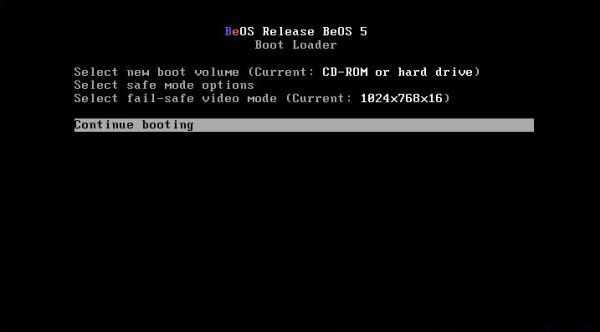 Installing BeOS 5 Professional Edition: Booting with fail-safe video mode = 1024x768x16