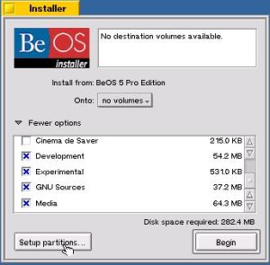 Installing BeOS 5 Professional Edition: Starting the BeOS partitioning tool