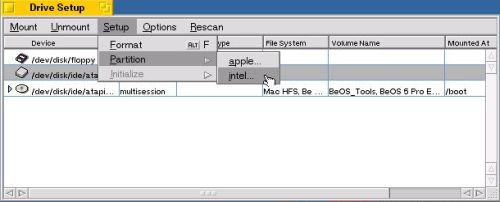 Installing BeOS 5 Professional Edition: Creating a BeOS partition - Selecting the partitioning type