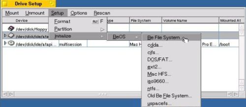 Installing BeOS 5 Professional Edition: Creating a BeOS partition - Choosing to initialize the BeOS partition