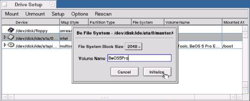 Installing BeOS 5 Professional Edition: Creating a BeOS partition - Choosing the file system block size and the volume name