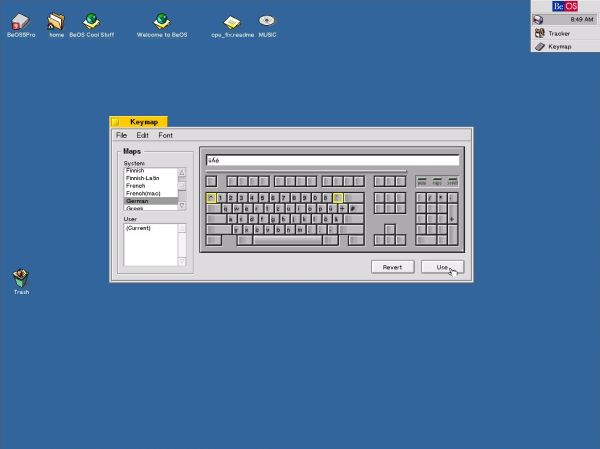 BeOS 5 Professional: Keyboard layout (keymap) selection