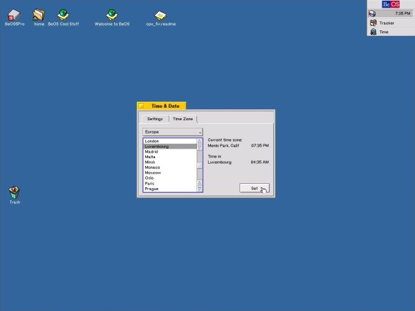 BeOS 5 Professional: Setting the timezone
