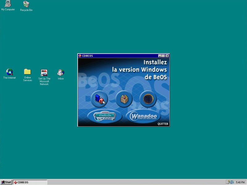 Installation of BeOS 5 Personal Edition: Starting the installation on Windows 95