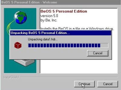 Installation of BeOS 5 Personal Edition: Unpacking of the setup files