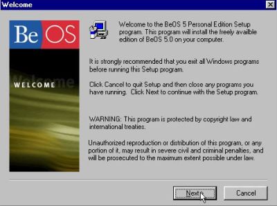 Installation of BeOS 5 Personal Edition: Welcome window