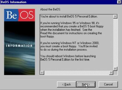Installation of BeOS 5 Personal Edition: About BeOS window
