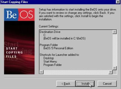 Installation of BeOS 5 Personal Edition: Current settings display before starting file copy