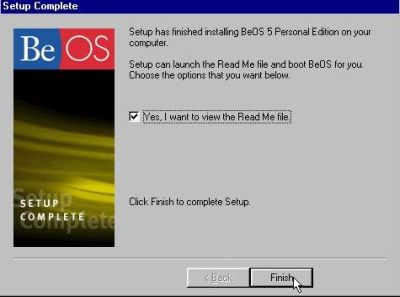 Installation of BeOS 5 Personal Edition: Setup successfully terminated