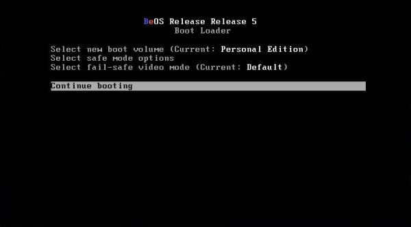 Installation of BeOS 5 Personal Edition: The BeOS boot menu