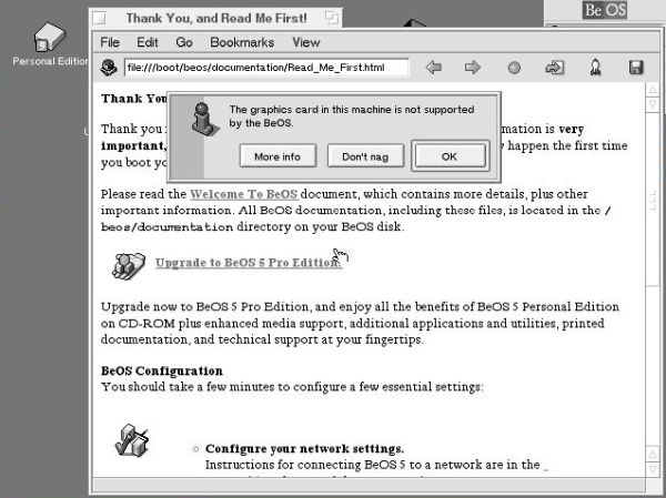 Installation of BeOS 5 Personal Edition: Unsupported graphics card message