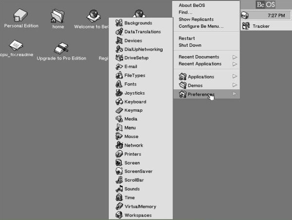 Installation of BeOS 5 Personal Edition: The Deskbar with the 'Preferences' menu opened