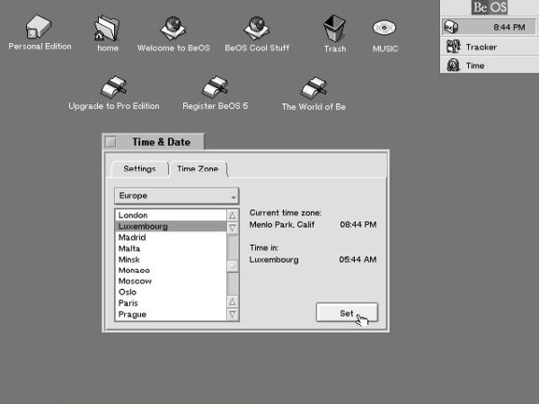 BeOS 5 Personal Edition post-installation setup: Setting the timezone