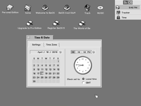 BeOS 5 Personal Edition post-installation setup: Adapting date and time after having changed the timezone