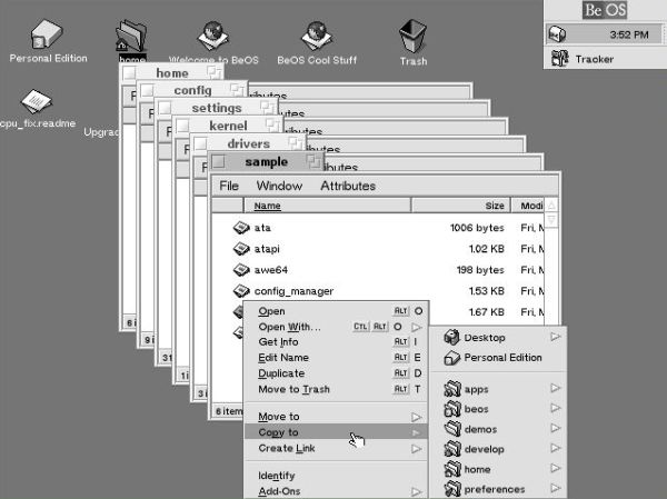 BeOS 5 Personal Edition post-installation setup: Disk cache - Copying the file 'kernel' from the 'sample' to the 'drivers' directory