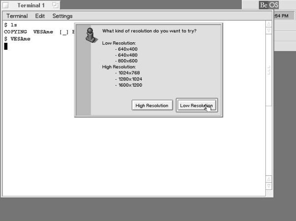 BeOS 5 Personal Edition post-installation setup: Graphics card - Choosing between low and high resolution