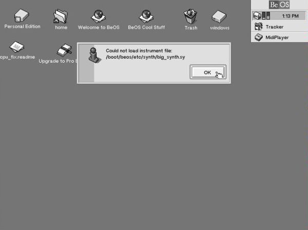 BeOS 5 Personal Edition post-installation setup: Audio files - Error message when playing files in BeOS Midi Player