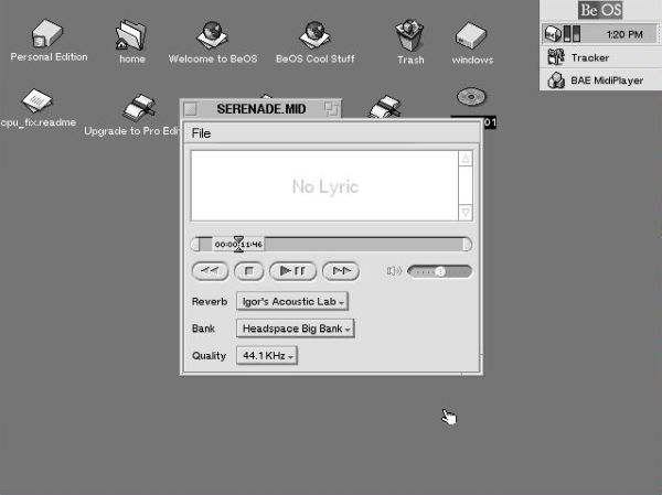 BeOS 5 Personal Edition post-installation setup: Audio files - Playing a MIDI file in BAE MidiPlayer