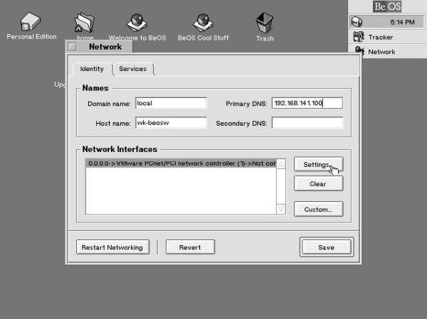 BeOS 5 Personal Edition post-installation setup: Network - Network adapter configuration [1]