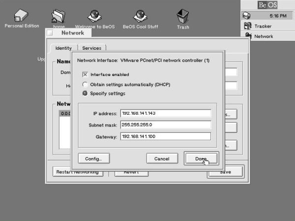 BeOS 5 Personal Edition post-installation setup: Network - Network adapter configuration [2]