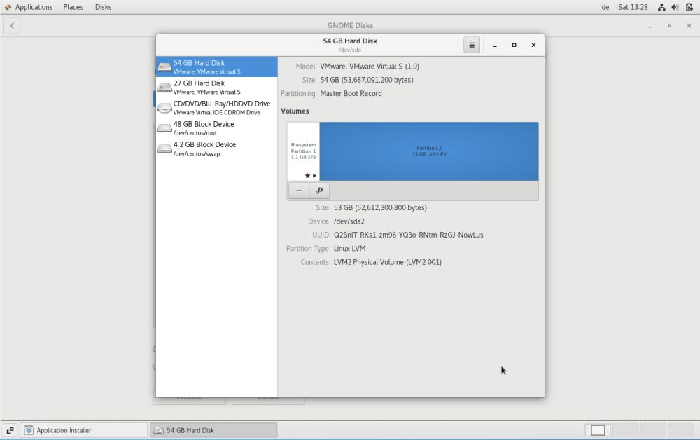 GNOME Disks: Display of the hard disk storage layout with EFI and LVM partition