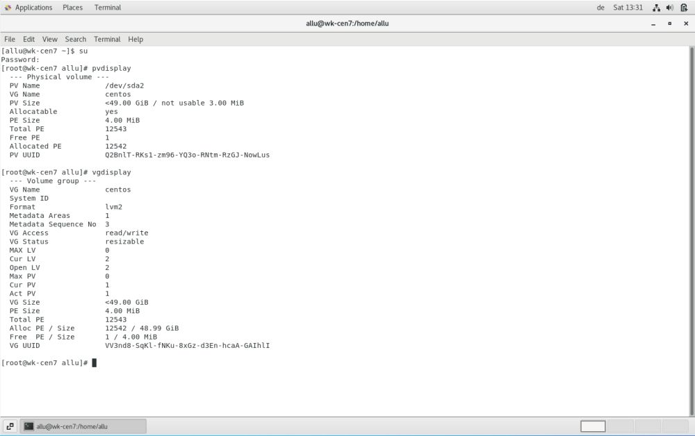 Centos 7 LVM: Physical volume and volume group after installation of the OS