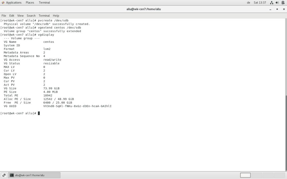 Centos 7 LVM: Volume group with one allocated and one free area