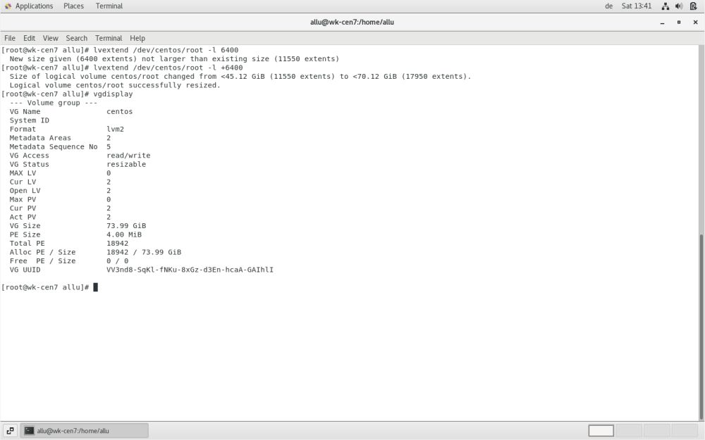 Centos 7 LVM: Logical volume extension resulting in a volume group with one big logical area