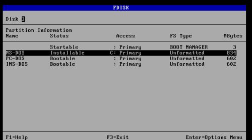 DOS triple boot: Preparing MS-DOS 7.10 installation - Disk layout for this installation