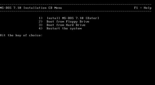 DOS triple boot: Installation of MS-DOS 7.10 - Installation CD menu