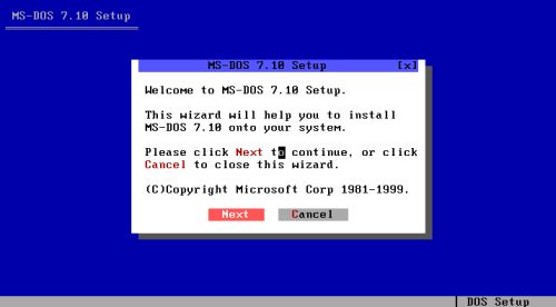 DOS triple boot: Installation of MS-DOS 7.10 - Welcome screen