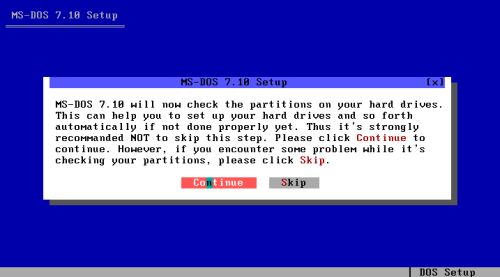 DOS triple boot: Installation of MS-DOS 7.10 - Letting the setup program check the partitions