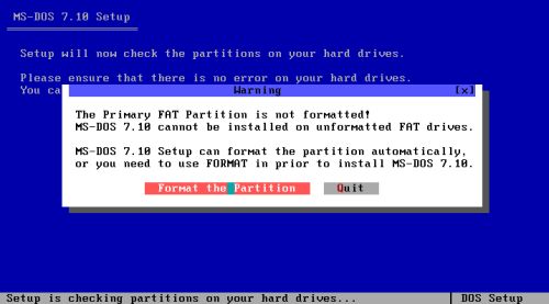 DOS triple boot: Installation of MS-DOS 7.10 - Choosing to format the detected primary partition