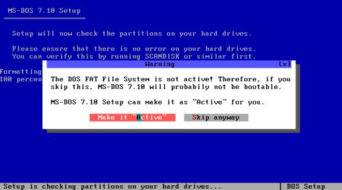 DOS triple boot: Installation of MS-DOS 7.10 - Selection to set or not the DOS partition active