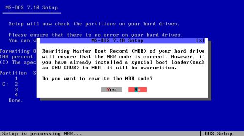 DOS triple boot: Installation of MS-DOS 7.10 - Selection to rewrite or not the MBR