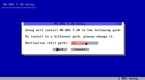 DOS triple boot: Installation of MS-DOS 7.10 - Choosing the installation directory
