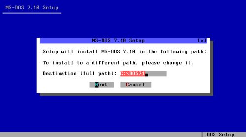 DOS triple boot: Installation of MS-DOS 7.10 - Choosing the installation directory